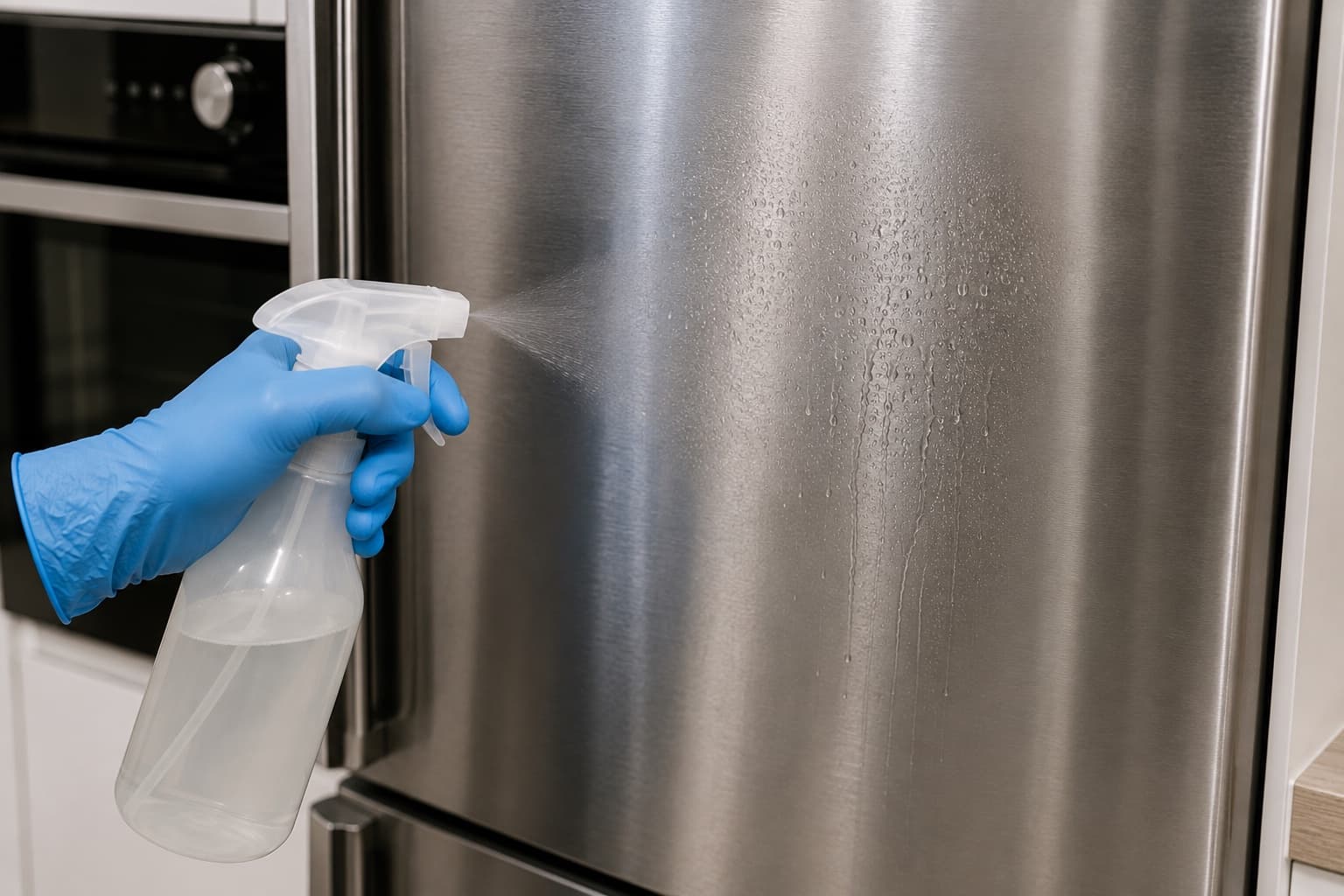 Produto em spray a ser aplicado numa superfície em inox