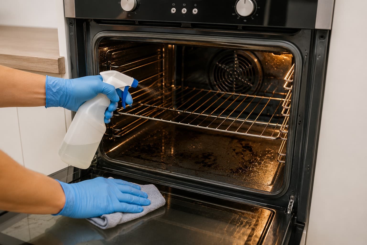 Limpeza do interior de um forno com produto em spray